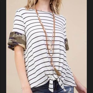 NEW Plus Stripe Top with Camo Waffle Knit Sleeves